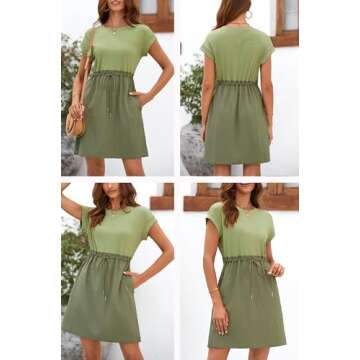 BLENCOT Womens Casual Spring Patch Knit Short Sleeve Crewneck Ruffled Waist Drawstring Shift Dresses Loose Pleat Dress P2309 Small with Pockets