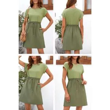 BLENCOT Womens Casual Spring Patch Knit Short Sleeve Crewneck Ruffled Waist Drawstring Shift Dresses Loose Pleat Dress P2309 Small with Pockets