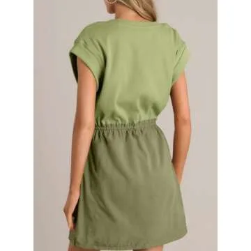 BLENCOT Womens Casual Spring Patch Knit Short Sleeve Crewneck Ruffled Waist Drawstring Shift Dresses Loose Pleat Dress P2309 Small with Pockets