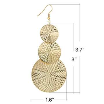 COZLANE 14K Gold Triple Round Disc Earrings Dangle Drop Carved Big Dangling Bohemia Vintage Circular Statement Chandelier Earrings for Women