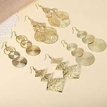 COZLANE 14K Gold Triple Round Disc Earrings Dangle Drop Carved Big Dangling Bohemia Vintage Circular Statement Chandelier Earrings for Women