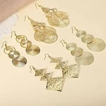 COZLANE 14K Gold Triple Round Disc Earrings Dangle Drop Carved Big Dangling Bohemia Vintage Circular Statement Chandelier Earrings for Women