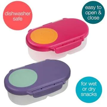 b.box Snack Box (2-pack) for Kids & Toddlers: 2 Compartment Snack Containers, Mini Bento Lunch Box. Leak Proof, BPA free, Dishwasher safe. Ages 4 months+ (s'shake + Lilac pop, 12oz capacity)
