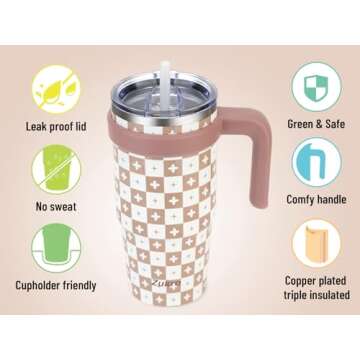 Zukro 24 oz Triple Insulated Tumbler with Handle - Leak Proof Stainless Steel Cup with Straw & Lid -...