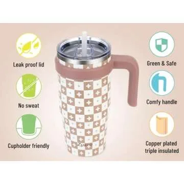Zukro 24 oz Triple Insulated Tumbler with Handle - Leak Proof Stainless Steel Cup with Straw & Lid -...