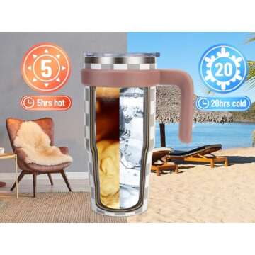 Zukro 24 oz Triple Insulated Tumbler with Handle - Leak Proof Stainless Steel Cup with Straw & Lid - No Sweat Double-wall Travel Mug for Hot and Cold Drinks - Dishwasher Safe, Cupholder Friendly