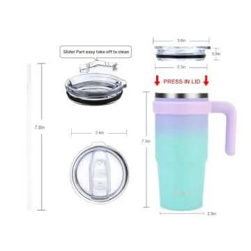 Zukro 24 oz Triple Insulated Tumbler with Handle - Leak Proof Stainless Steel Cup with Straw & Lid - No Sweat Double-wall Travel Mug for Hot and Cold Drinks - Dishwasher Safe, Cupholder Friendly