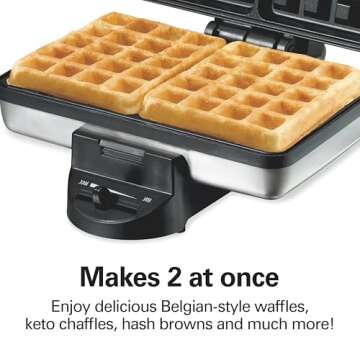Hamilton Beach Belgian Mini Waffle Maker with Shade Control, Makes 2 at Once, Create Personalized Keto Chaffles and Hash Browns, Non-Stick Plates, Compact Design, Stainless Steel
