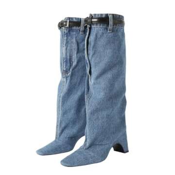 CAGLGLZ Jeans Boots For Women Knee High Denim Boots Womens Square Toe Boots With Zipper Buckle Chunk...