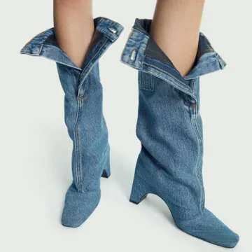 CAGLGLZ Jeans Boots For Women Knee High Denim Boots Womens Square Toe Boots With Zipper Buckle Chunky Hell Long Boots Blue