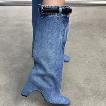 CAGLGLZ Jeans Boots For Women Knee High Denim Boots Womens Square Toe Boots With Zipper Buckle Chunky Hell Long Boots Blue