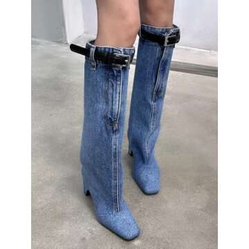 CAGLGLZ Jeans Boots For Women Knee High Denim Boots Womens Square Toe Boots With Zipper Buckle Chunky Hell Long Boots Blue