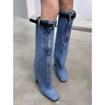 CAGLGLZ Jeans Boots For Women Knee High Denim Boots Womens Square Toe Boots With Zipper Buckle Chunky Hell Long Boots Blue