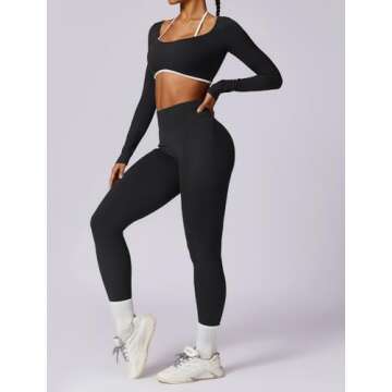 AGYMNX Workout Sets for Women 2 Piece Outfits Seamless High Waist Leggings Yoga Long Sleeve Crop Tops Athletic Gym Sets Black L