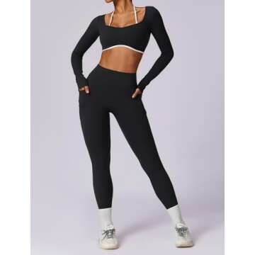 AGYMNX Workout Sets for Women 2 Piece Outfits Seamless High Waist Leggings Yoga Long Sleeve Crop Tops Athletic Gym Sets Black L