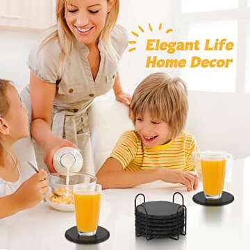 Black Slate Coasters for Drinks - Set of 6 - Anti-Scratch Drink Coasters with Holder - Natural Stone...