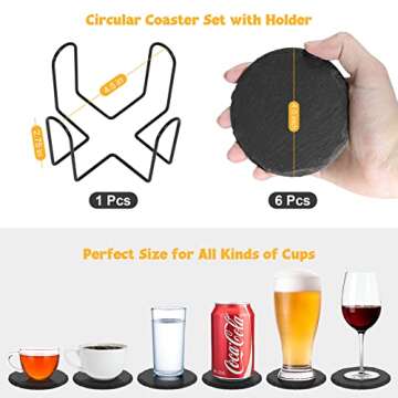 Black Slate Coasters for Drinks - Set of 6 - Anti-Scratch Drink Coasters with Holder - Natural Stone Coasters Bulk, Unique DIY Crafts - Cup Coaster Set for Home Decor, Bar, Coffee, Table