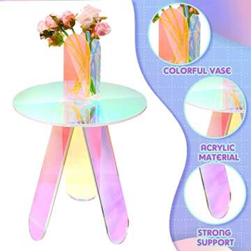 2 Pcs Iridescent Round Side Table and Vase Clear Rainbow Acrylic Coffee Table Rainbow End Modern Accent Night Stand for Bistro Office Living Room Home Decor(Rainbow Color,3 Legs Style)