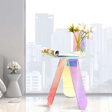 2 Pcs Iridescent Round Side Table and Vase Clear Rainbow Acrylic Coffee Table Rainbow End Modern Accent Night Stand for Bistro Office Living Room Home Decor(Rainbow Color,3 Legs Style)