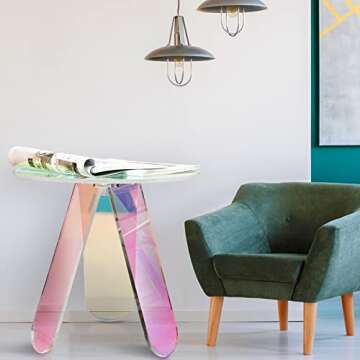 2 Pcs Iridescent Round Side Table and Vase Clear Rainbow Acrylic Coffee Table Rainbow End Modern Accent Night Stand for Bistro Office Living Room Home Decor(Rainbow Color,3 Legs Style)