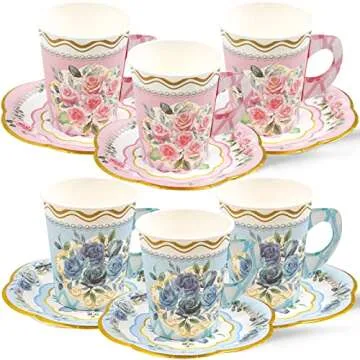 WorldBazaar Tea Party Cups and Saucers 24 Sets Floral Paper Cups with Handles 9oz Tea Party Decorations Flower Birthday Party Supplies Garden Baby Shower bulk