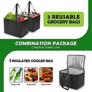 DAREKUKU 3 Pack Reusable Grocery Bags, Foldable Washable Insulated Shopping Bags For Groceries, Heavy Duty With Reinforced Bottom & Handles (2 Grocery Tote Bags + 1 Insulated Cooler Bag)