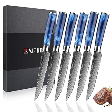XT XITUO Serrated Steak Knife Set - 6pcs Premium 4.5 inch Kitchen Cutting Steak Knives, German Stain...