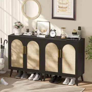 Rovaurx Set of 2 Rattan Storage Cabinet with Doors, Accent Bathroom Floor Cabinet, Modern Sideboard Buffet Cabinet for Living Room, Entryway, Dining Room and Kitchen, Black and Natural BMGZ108BM02