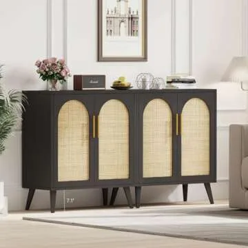 Rovaurx Set of 2 Rattan Storage Cabinet with Doors, Accent Bathroom Floor Cabinet, Modern Sideboard Buffet Cabinet for Living Room, Entryway, Dining Room and Kitchen, Black and Natural BMGZ108BM02