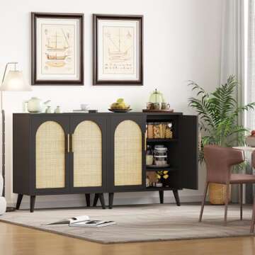 Rovaurx Set of 2 Rattan Storage Cabinet with Doors, Accent Bathroom Floor Cabinet, Modern Sideboard Buffet Cabinet for Living Room, Entryway, Dining Room and Kitchen, Black and Natural BMGZ108BM02