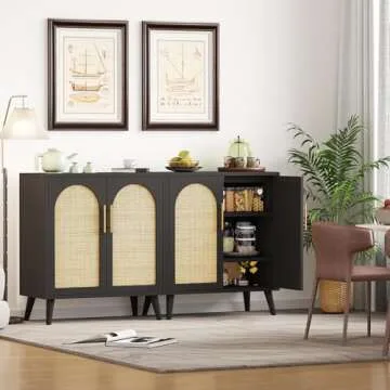 Rovaurx Set of 2 Rattan Storage Cabinet with Doors, Accent Bathroom Floor Cabinet, Modern Sideboard Buffet Cabinet for Living Room, Entryway, Dining Room and Kitchen, Black and Natural BMGZ108BM02