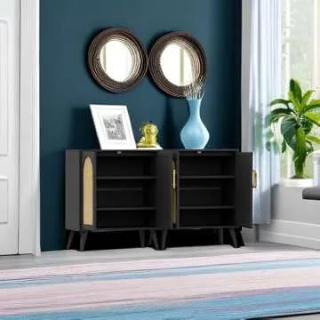 Rovaurx Set of 2 Rattan Storage Cabinet with Doors, Accent Bathroom Floor Cabinet, Modern Sideboard Buffet Cabinet for Living Room, Entryway, Dining Room and Kitchen, Black and Natural BMGZ108BM02