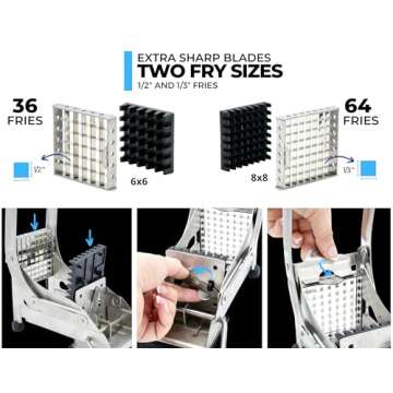 ICO French Fry Cutter, 2-blade Potato Slicer, French Fry Cutter For Potatoes with Non-slip Suction Lock Technology, Stainless Steel French Fry Press