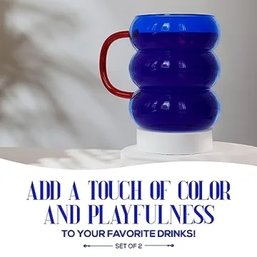 elle decor Bubble Drinking Glasses with Handle | Set of 2 | Tumbler for Water, Iced Coffee, Juice | 12-Ounce Coffee Cup | 3.15” x 3.82” Drink Gift Set (Blue)