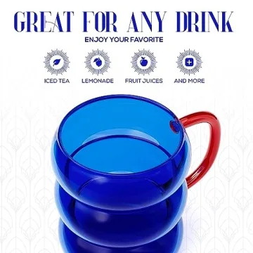 elle decor Bubble Drinking Glasses with Handle | Set of 2 | Tumbler for Water, Iced Coffee, Juice | 12-Ounce Coffee Cup | 3.15” x 3.82” Drink Gift Set (Blue)