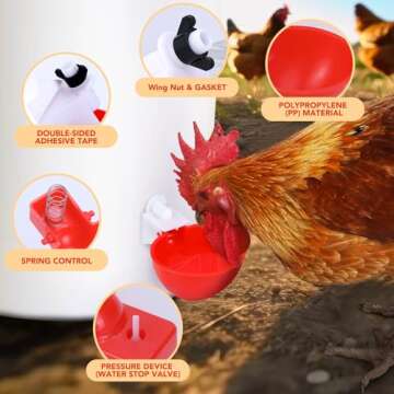 (10 Pack) Chicken Waterer, Chicken Water Feeder, Chicken Water Cups, Poultry Waterer, Automatic Chicken Waterer, It Comes with (10) Fixed Double-Sided Adhesive and One Drill Bit (Red)