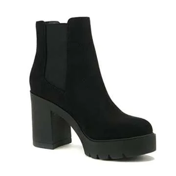 Soda EDITOR ~ Women Lug Sole High Heel Chelsea Fashion Ankle Boot w/Double Elastic Gore (BLACK Imit Suede, US Footwear Size System, Adult, Women, Numeric, Medium, 9)