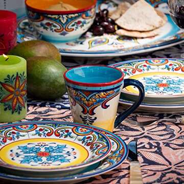 Euro Ceramica Zanzibar Collection Vibrant 16 Piece Oven Safe Stoneware Dinnerware Set, Service For 4, Spanish Floral Design, Multicolor