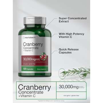 Horbäach Cranberry Concentrate Extract Pills + Vitamin C | 30,000mg | 120 Capsules | Triple Strength Ultimate Potency Formula | Non-GMO and Gluten Free Supplement