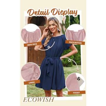 ECOWISH Women Summer Mini Dress Short Puff Sleeve Flowy Short Dresses Casual A Line Chiffon Sundress...