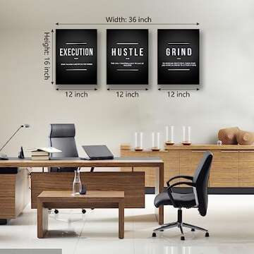 BPLUSTREE Motivational Canvas Wall Art, Hustle Grind Execute Wall Art Decor Set with 4 Non-Trace Hooks, Inspirational Quotes Posters for Home Office Workplace (Black, 3Pcs)