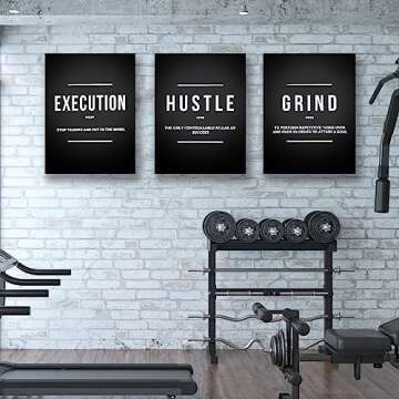 BPLUSTREE Motivational Canvas Wall Art, Hustle Grind Execute Wall Art Decor Set with 4 Non-Trace Hooks, Inspirational Quotes Posters for Home Office Workplace (Black, 3Pcs)