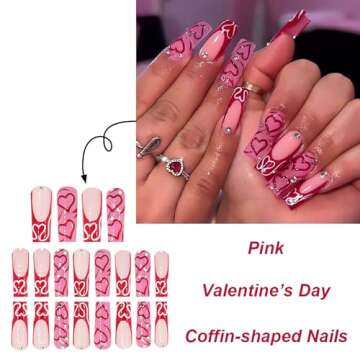 RUOKEXIN Valentine Pink Press on Nails Long Square Fake Nails French Tip False Nails with Heart Desi...