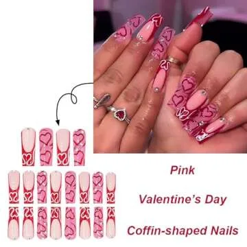 RUOKEXIN Valentine Pink Press on Nails Long Square Fake Nails French Tip False Nails with Heart Desi...