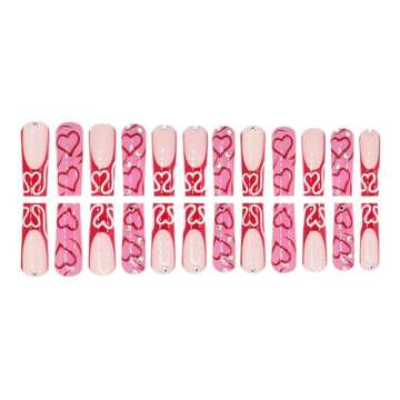 RUOKEXIN Valentine Pink Press on Nails Long Square Fake Nails French Tip False Nails with Heart Designs Sparkly Artificial Nails Valentine Day Glue on Nails Cute Stick on Nails for Women 24Pcs