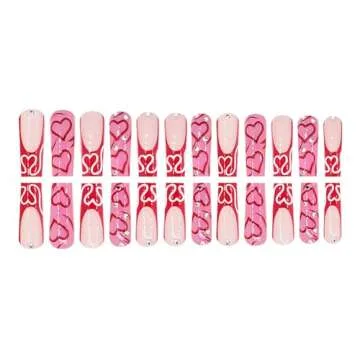 RUOKEXIN Valentine Pink Press on Nails Long Square Fake Nails French Tip False Nails with Heart Designs Sparkly Artificial Nails Valentine Day Glue on Nails Cute Stick on Nails for Women 24Pcs