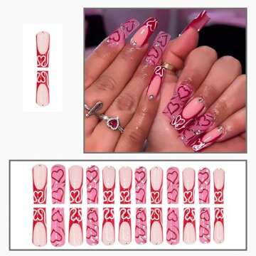 RUOKEXIN Valentine Pink Press on Nails Long Square Fake Nails French Tip False Nails with Heart Designs Sparkly Artificial Nails Valentine Day Glue on Nails Cute Stick on Nails for Women 24Pcs