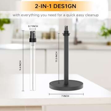 Manduoye 2 in 1 Paper Towel Holder with Spray Bottle, Paper Towel Holder One-Handed Operation with Non Slip Weighted Base, Paper Towel Holder Countertop for Kitchen and Bathroom (Black)