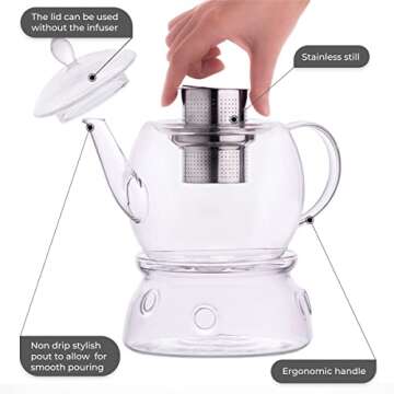 Aserson 1350 ml Glass Teapot with Stainless Steel Infuser