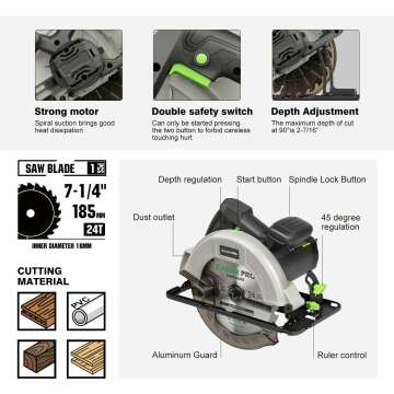 GALAX PRO 11 Amp Power Circular Saw, 6000RPM Corded Circular Saw with Adjustable Cutting Depth 2-7/16" (90°) to 1-13/16" (45°), 7-1/4 Inch Carpentry Saw Blade, Ideal for Wood, Plastic Cuts